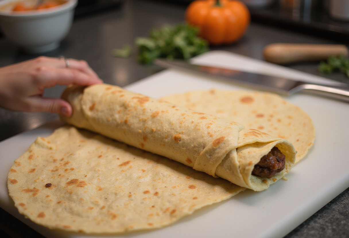 Roulage de wraps poulet-légumes serrés pour une préparation de repas saine et rapide.