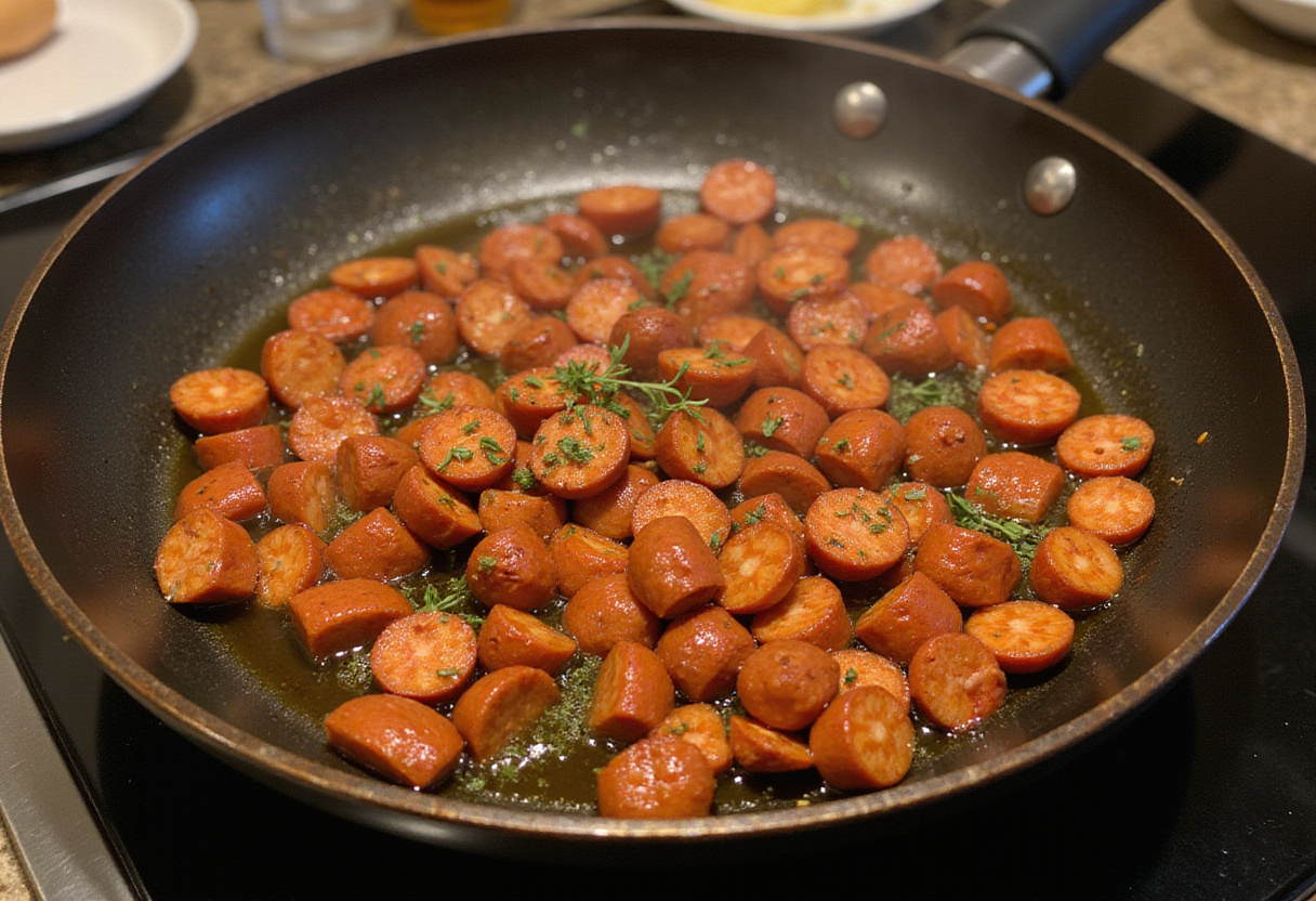 Diced chorizo sautéing in a skillet for poulet au chorizo preparation.