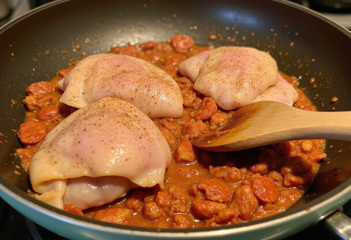 Chicken thighs added to the skillet with chorizo for making poulet au chorizo.