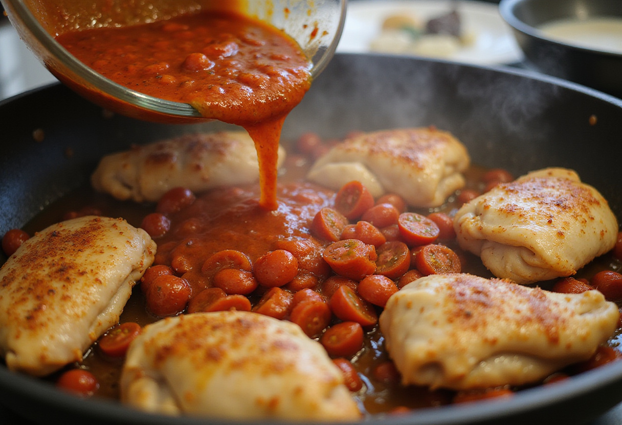 Mixture of diced tomatoes and spices being added to poulet fondant au chorizo.