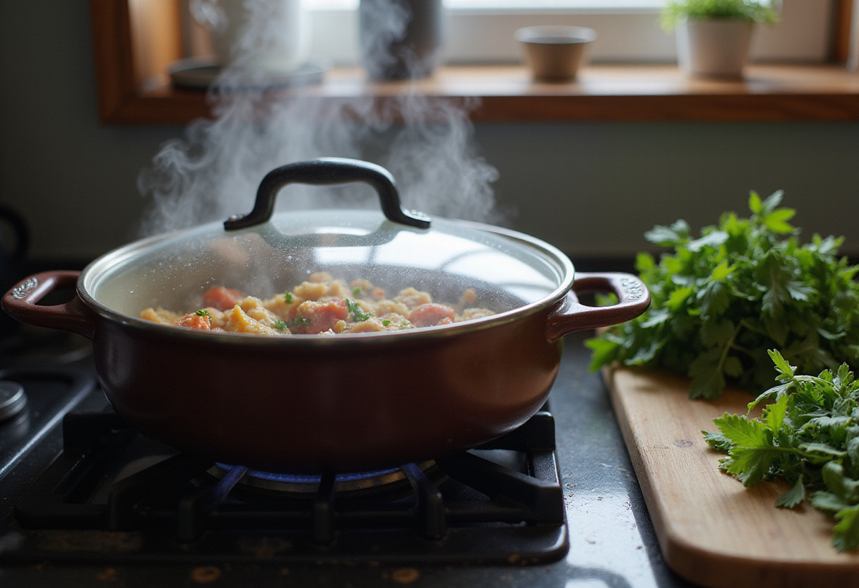 Simmering poulet fondant au chorizo in a skillet, ready to be served.
