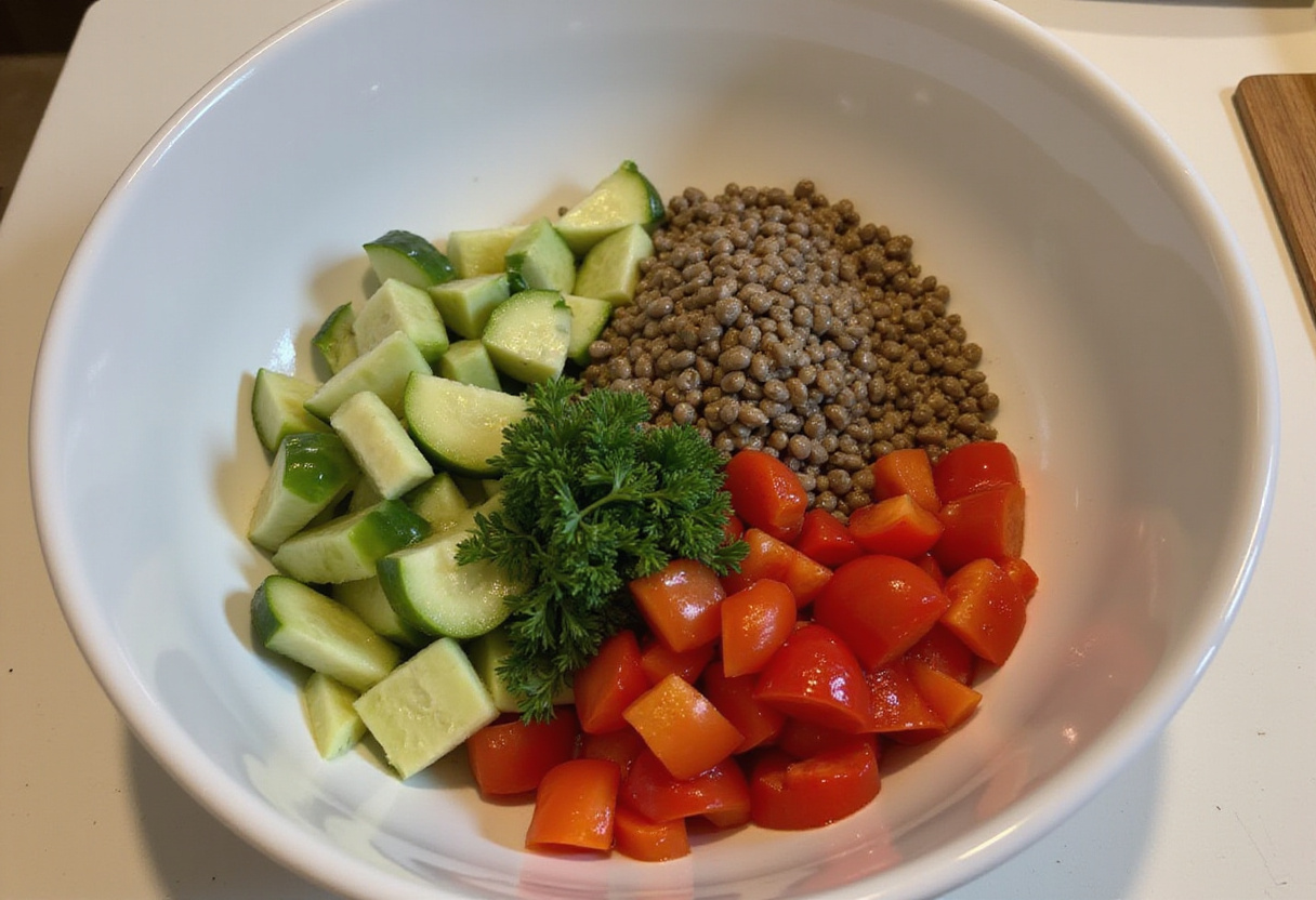 Salade de lentilles préparée avec des lentilles vertes, concombres et poivrons pour une salade croquante.