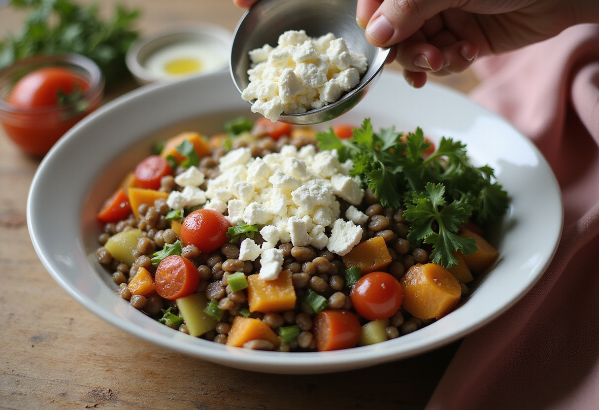 Feta émietté ajouté à la salade de lentilles et légumes pour une recette de salade délicieuse.