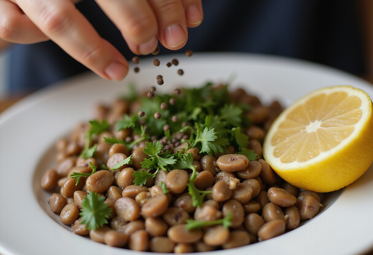 Persil frais et poivre noir ajoutés à la salade de lentilles et feta.