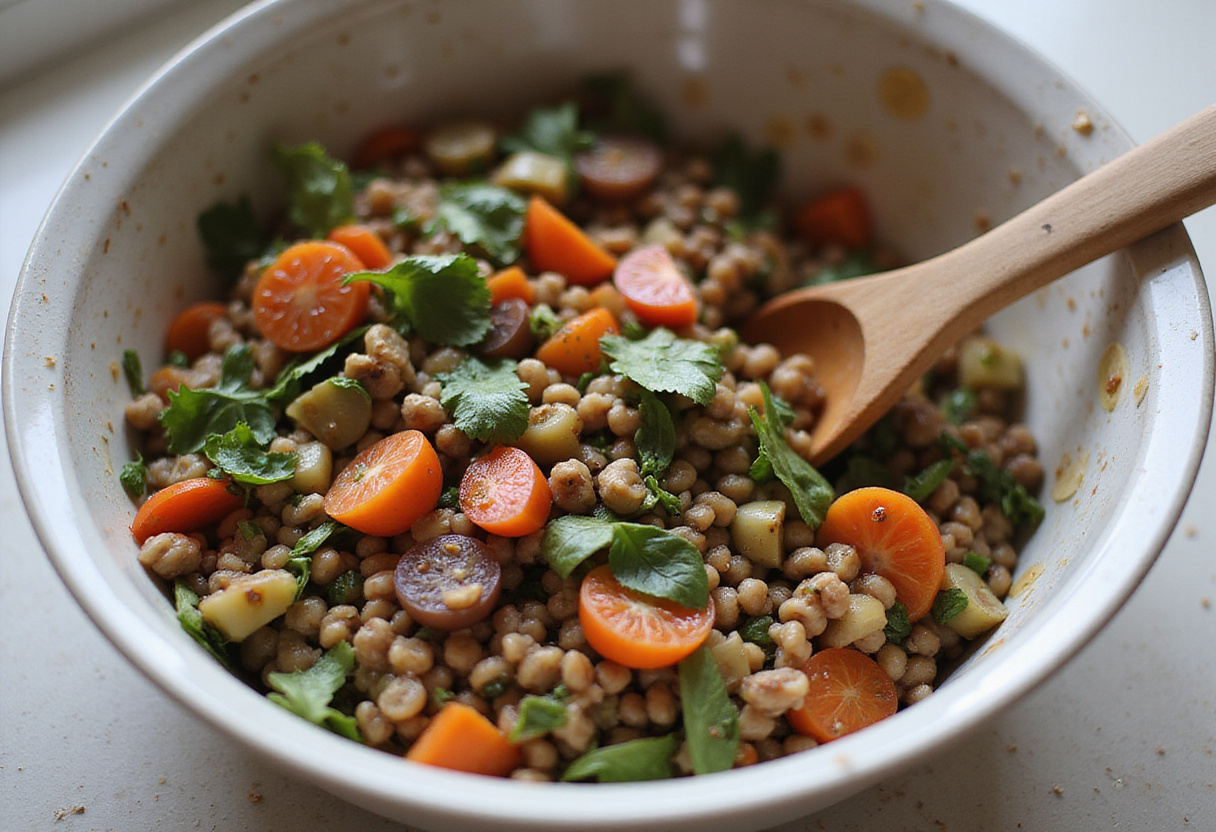 Mélange de la salade croquante de lentilles dans un grand bol.