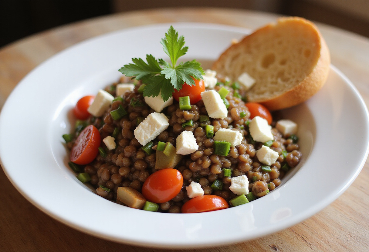 Portion de salade de lentilles et feta marinée, parfaite pour une cuisine méditerranéenne.