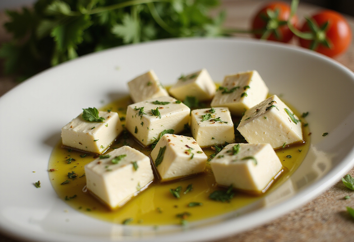 Feta marinée dans l'huile d'olive pour ajouter à la salade de lentilles.