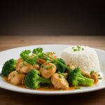 Finished sauté de poulet et brocoli served with rice, a delightful recipe for chicken lovers.
