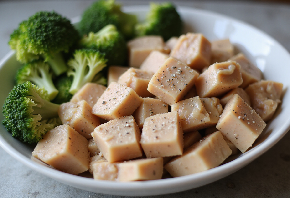 Diced chicken and fresh broccoli florets prepared for classic sauté de poulet et brocoli.