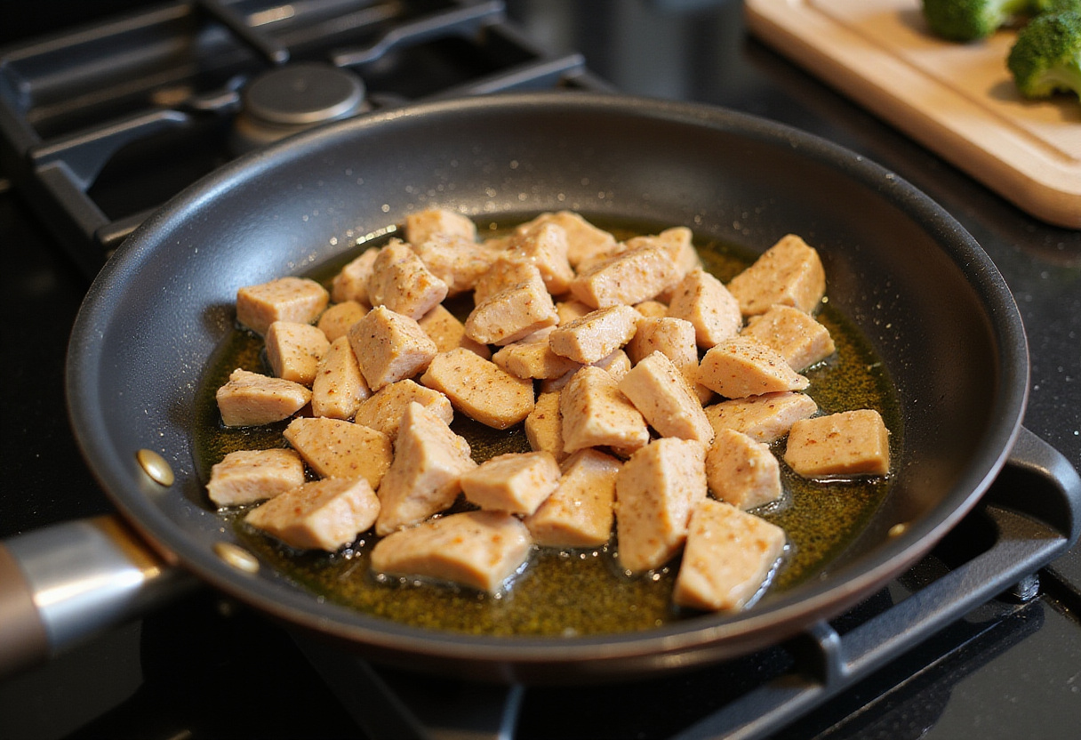 Diced chicken being sautéed in olive oil for sauté de poulet recipe, with broccoli ready to be added.