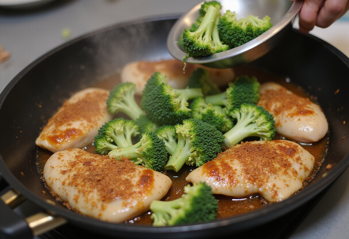 Broccoli being added to sautéed chicken for a delicious sauté de poulet et brocoli dish.