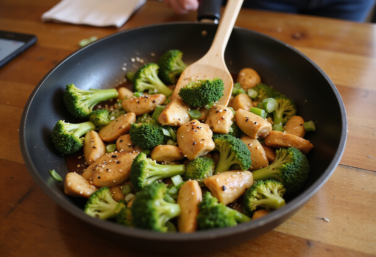 Sauté de poulet et brocoli dish being stirred in a skillet, showcasing vibrant colors and textures.