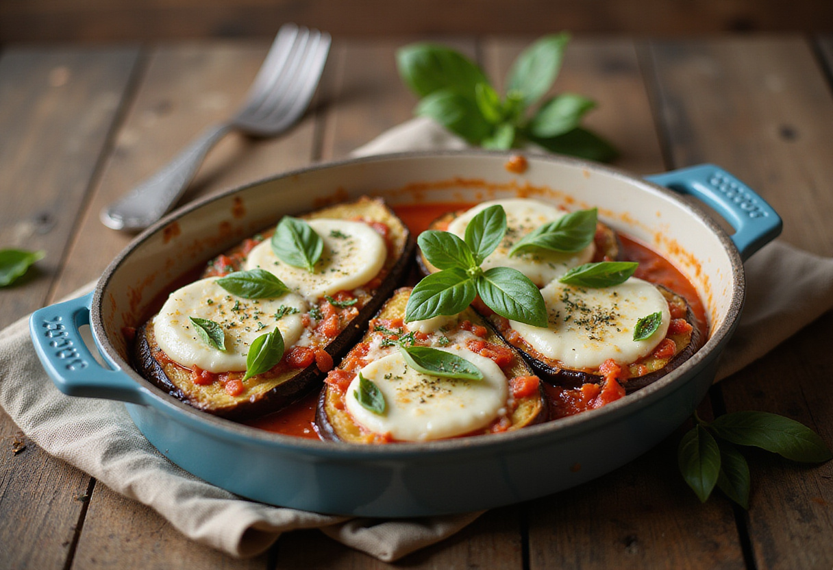 Aubergines au four finies avec de la mozzarella fondue, un plat délicieux à savourer.