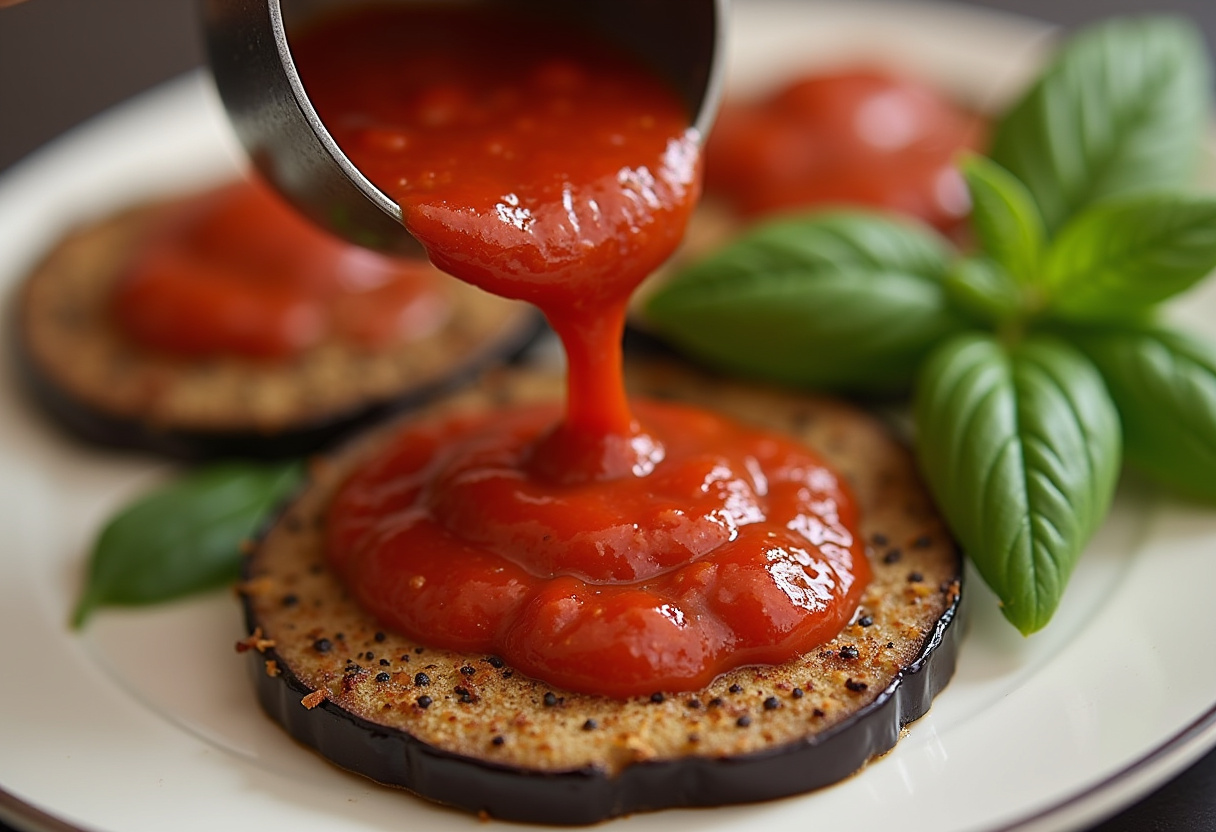 Sauce marinara versée sur les aubergines pour la recette aubergines au four.