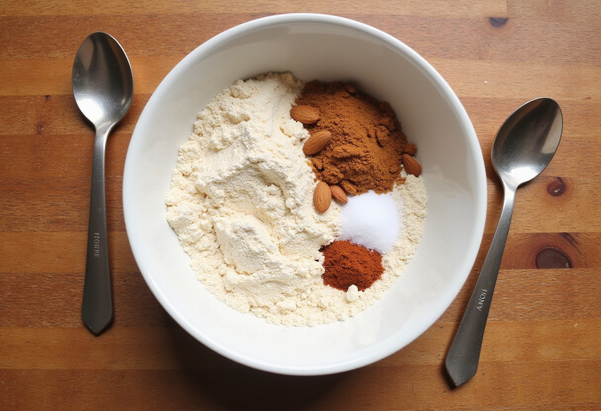Almond flour and ingredients for making biscuits sans sucre on a countertop.