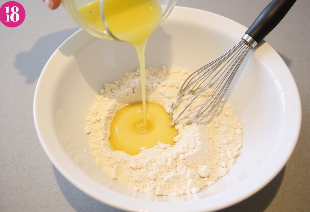 Melted coconut oil being added to the almond flour mixture for biscuits aux amandes sans sucre.