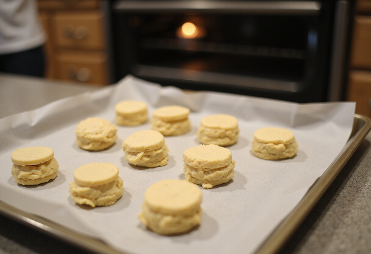 Dough balls for biscuits aux amandes being formed on a baking sheet, ready for baking.