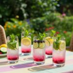 Boissons détox d'été servies dans des lunettes avec fruits et menthe, idéales pour l'été.