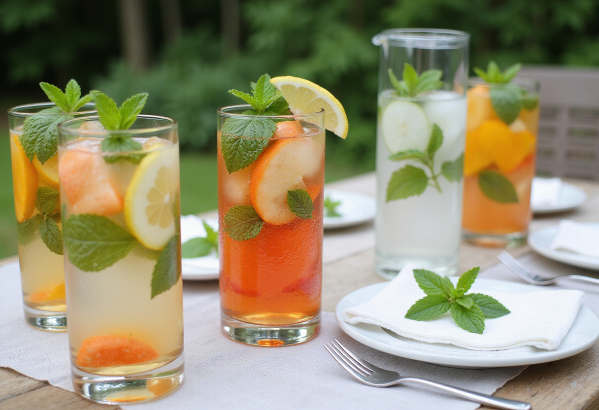 Boissons détox d'été servies dans des lunettes avec fruits et menthe, idéales pour l'été.
