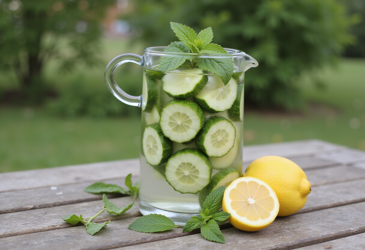 Recettes de boissons détox avec concombre, citron et menthe dans un pichet.