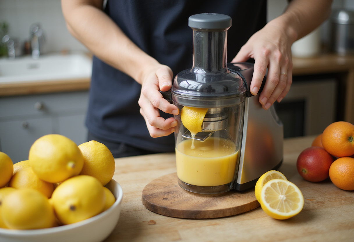 Préparation de boissons détox d'été avec des citrons pressés dans un extracteur de jus.