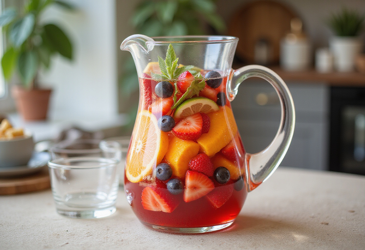 Pichet de boissons rafraîchissantes détox d'été plein d'eau aux fruits.