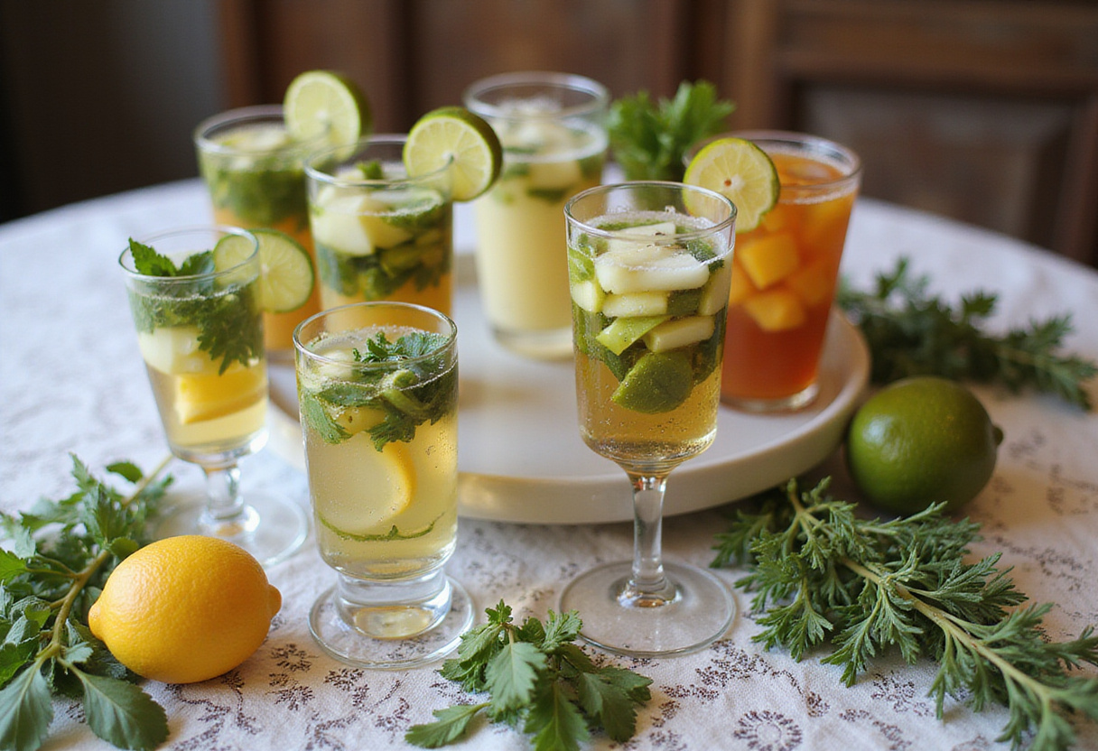 Table élégante avec des boissons infusées aux cornichons prêtes pour une réception.