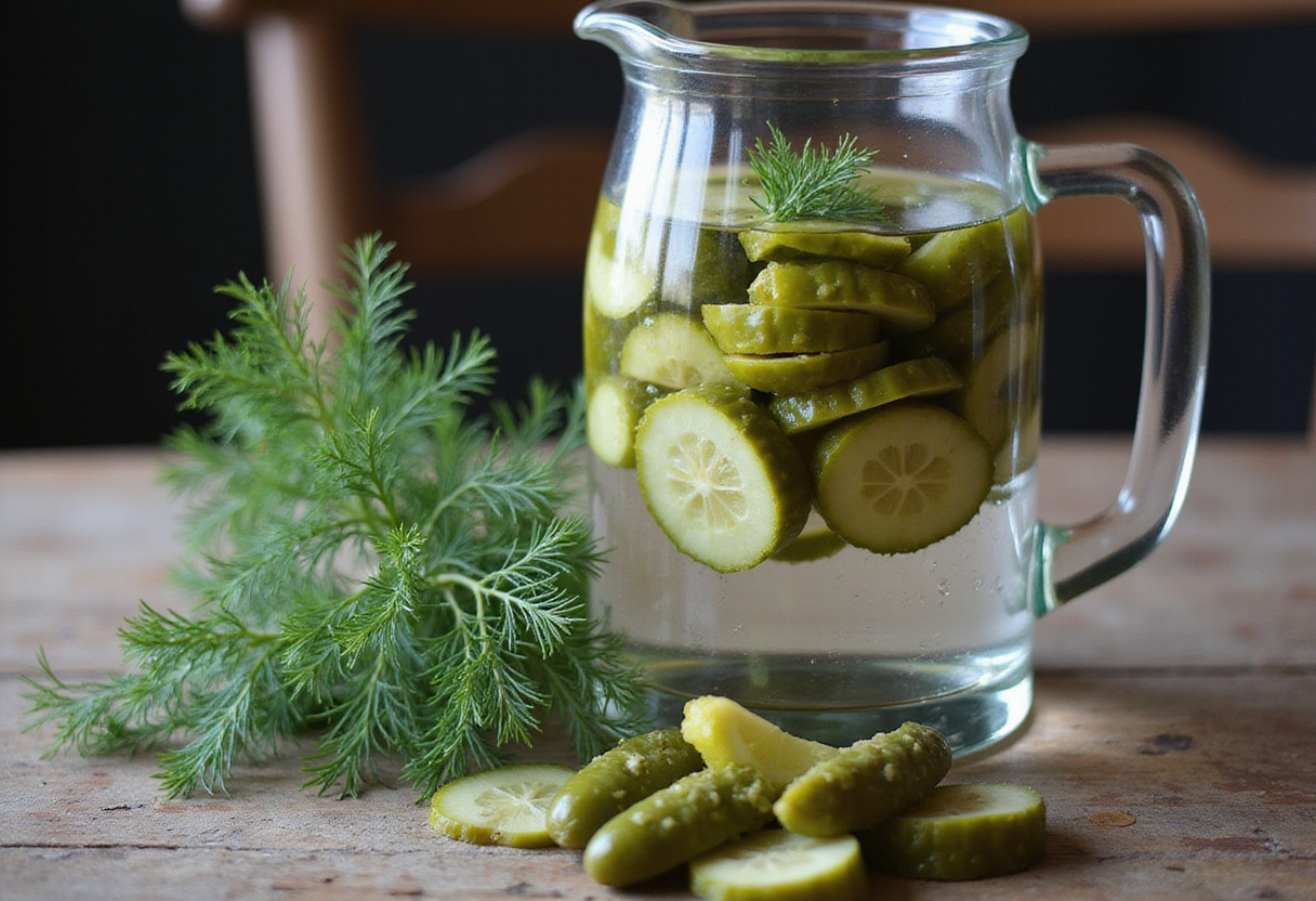 Boissons infusées aux cornichons avec des tranches de cornichons et de l'aneth dans une carafe.