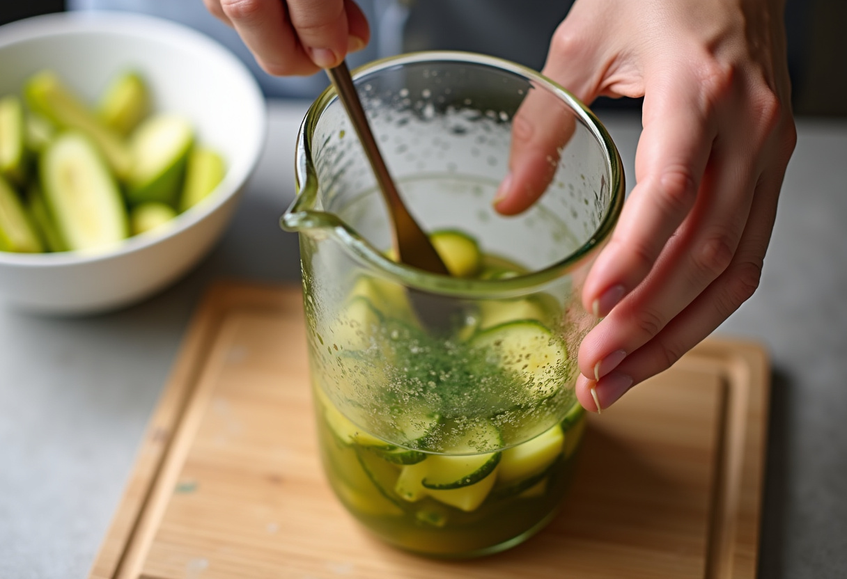 Mélange de tranches de cornichons et d'aneth pour des boissons infusées maison.