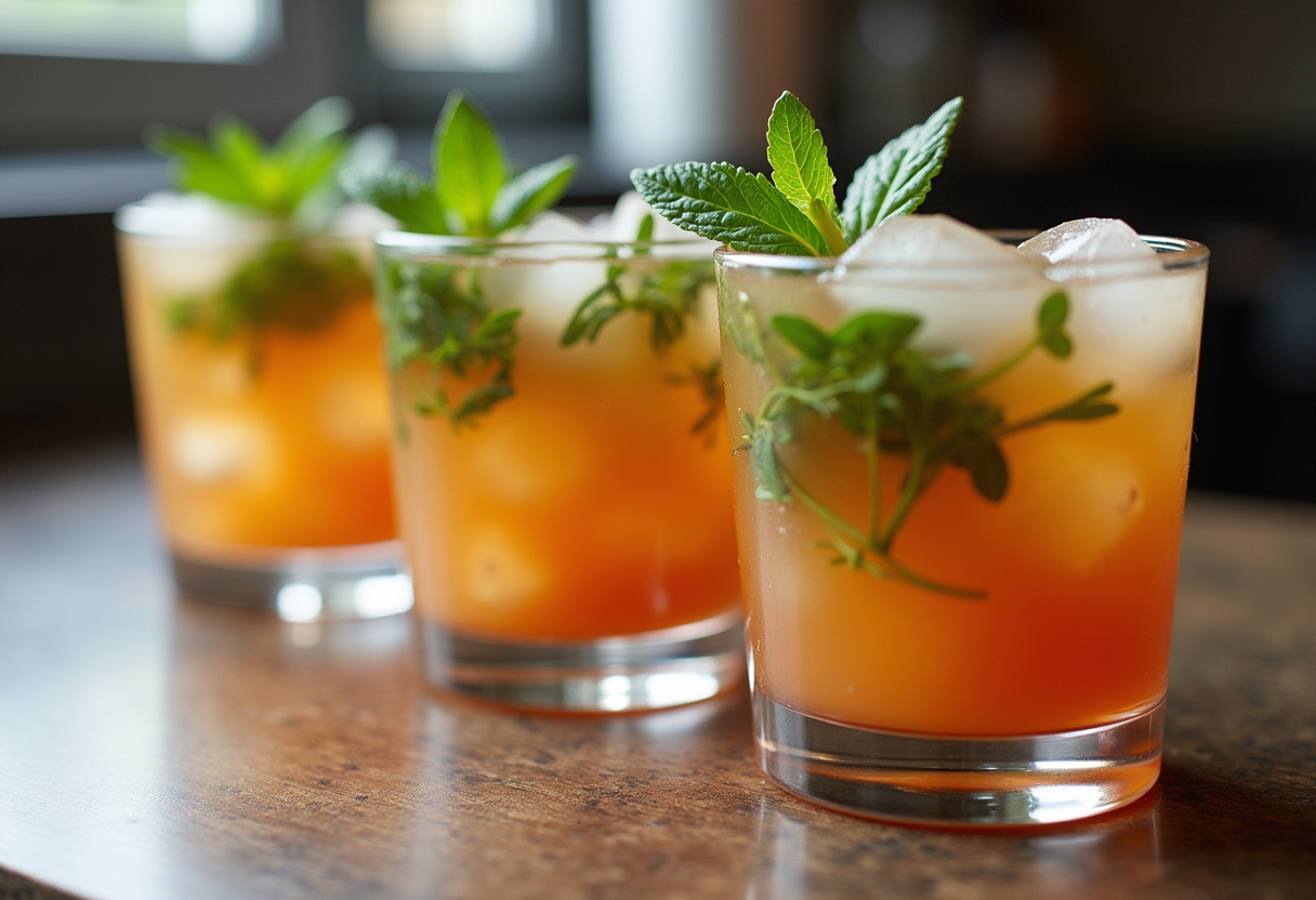 Verres de boissons infusées aux cornichons avec des glaçons et des herbes fraîches.