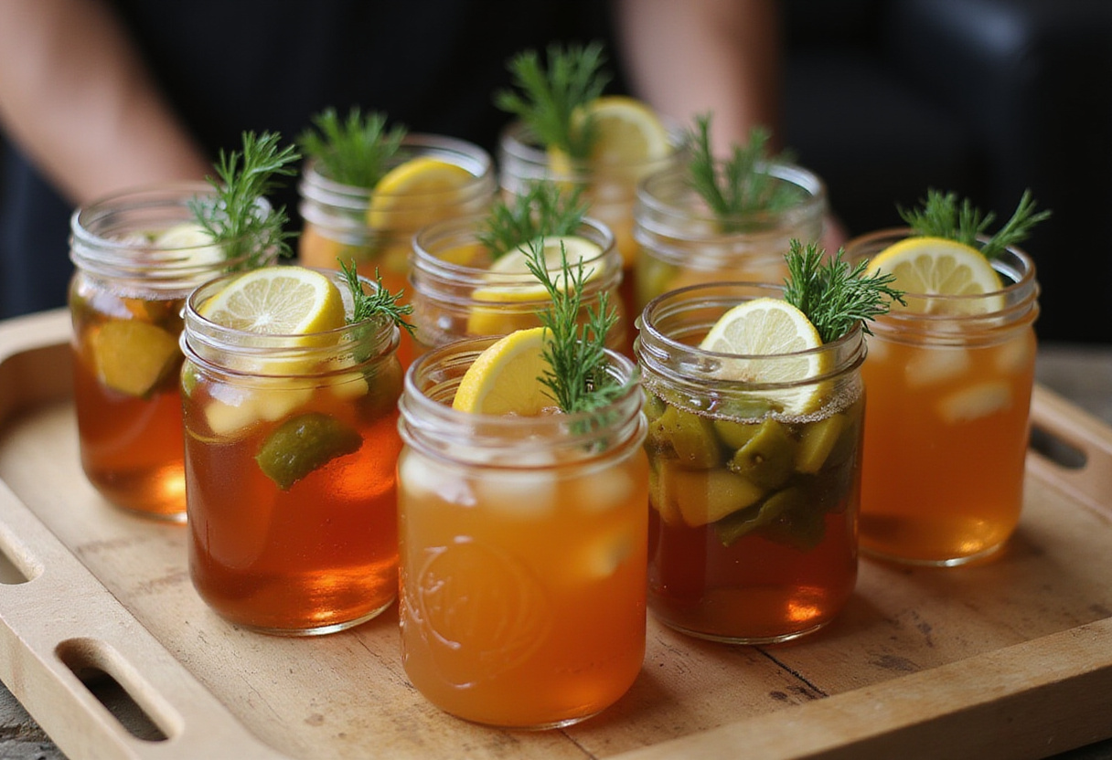 Boissons infusées aux cornichons prêtes à servir lors d'un événement maison.