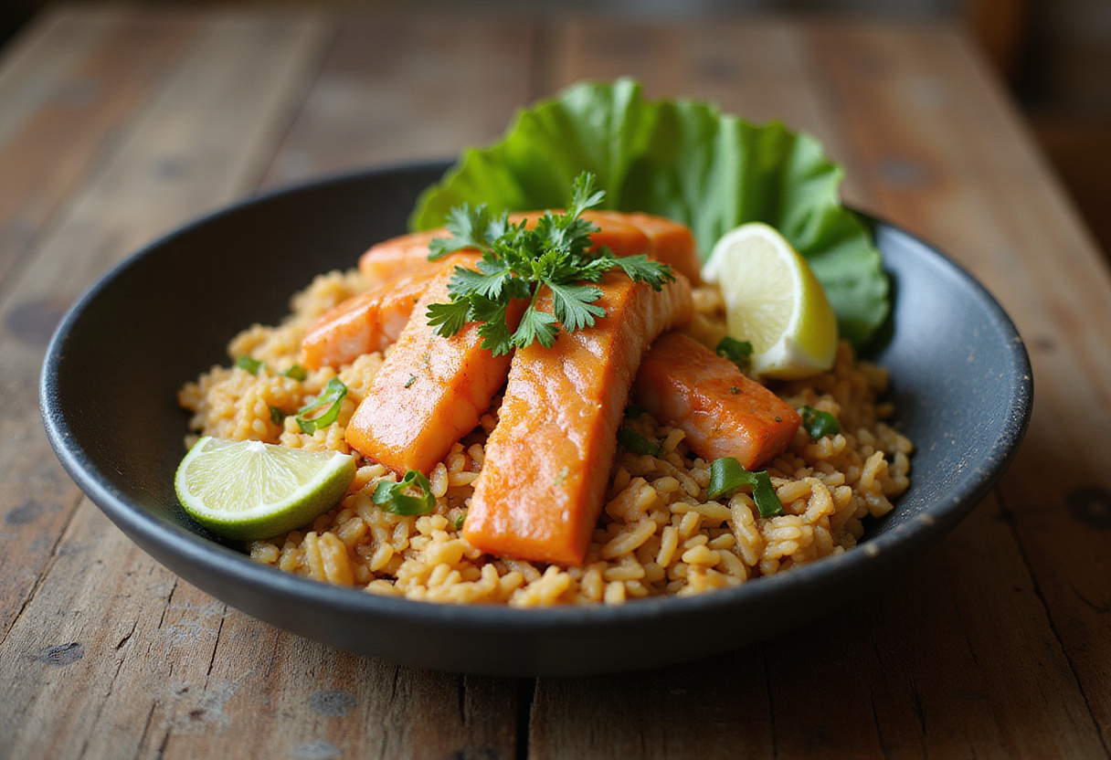 Bol de riz au saumon fini, un plat délicieux mettant en valeur le saumon et le riz.
