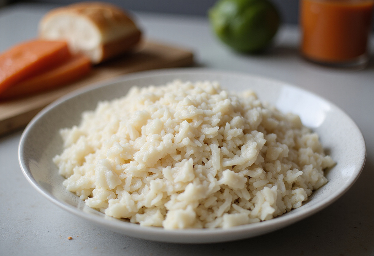 Bol de riz blanc cuit préparé pour la recette du riz au saumon.