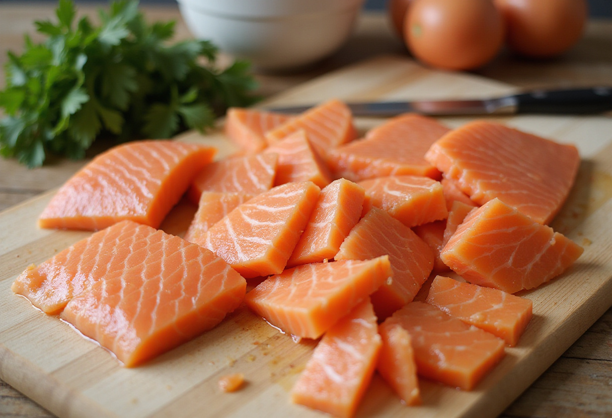 Saumon frais coupé en morceaux pour la préparation du bol de riz au saumon.