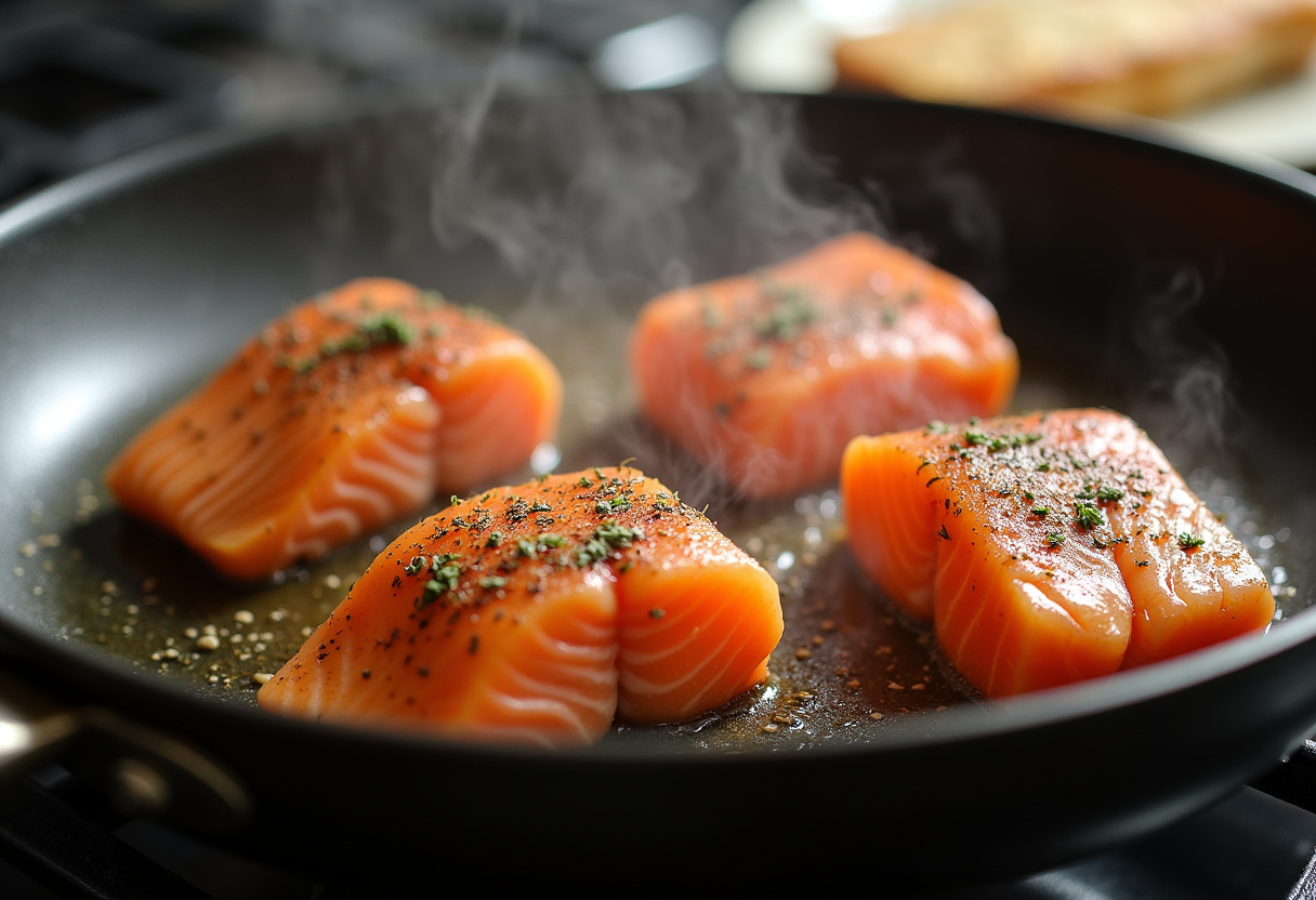 Cuisson du saumon à la poêle pour le plat de riz au saumon, rehaussant les saveurs avec des herbes.