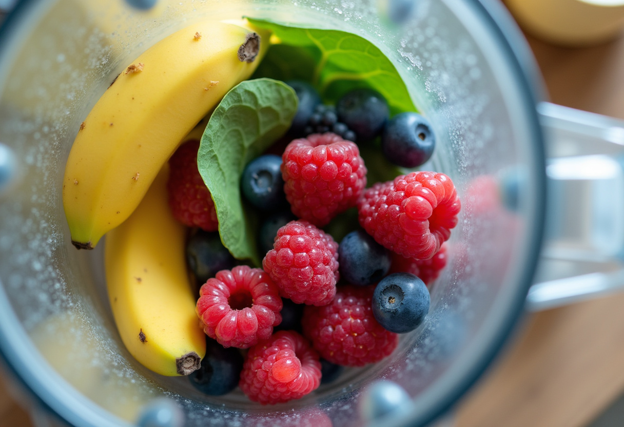 Fruits and spinach gathered for a délicieux bol de smoothie protéiné preparation.