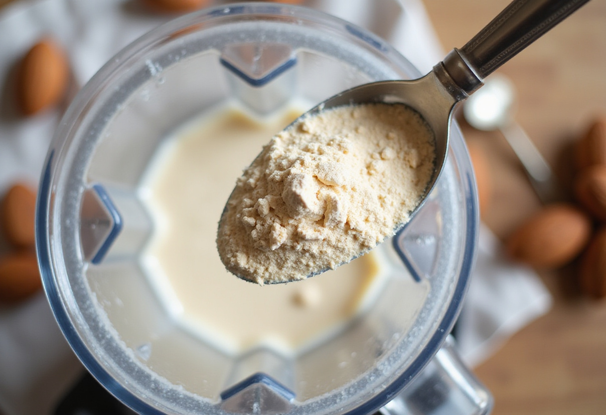 Adding protein powder to the blender for a recette de smoothie riche en protéines.