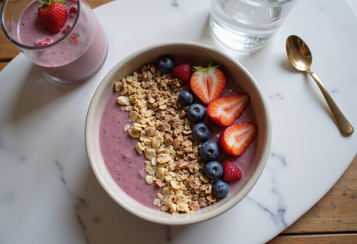Smoothie bowl ready for serving, featuring fruits and granola for a petit déjeuner santé.