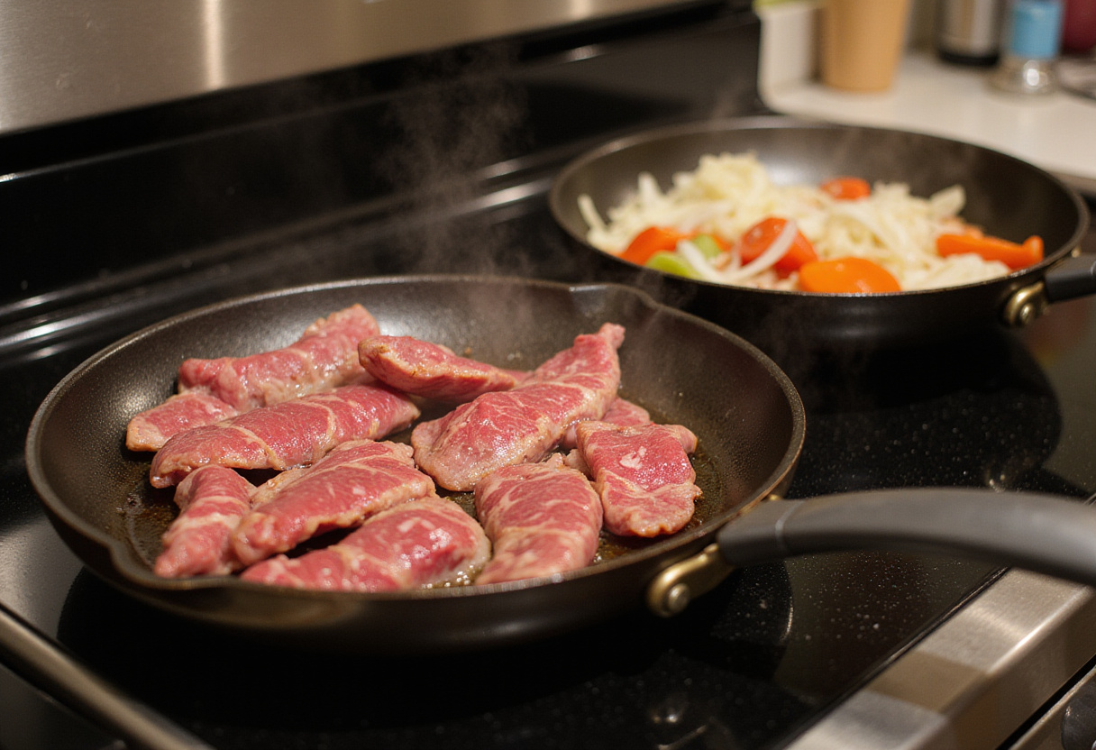 Cuisson de fines tranches de bœuf, d'oignons et de poivrons pour la recette des bols philly cheesesteak.