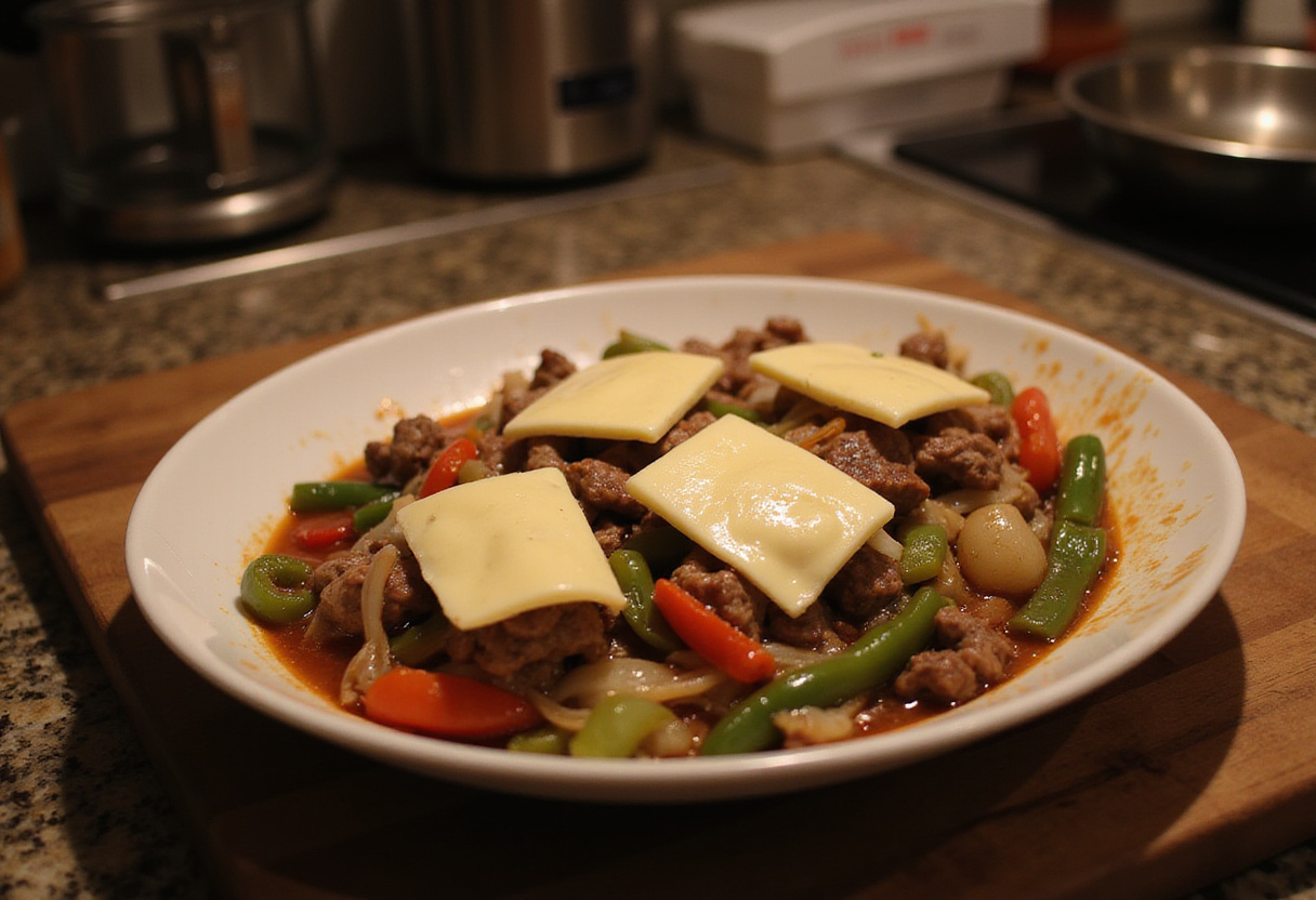 Remplir un plat avec du steak cuit, des poivrons et du fromage fondu pour un délicieux dîner rapide et faible en glucides.