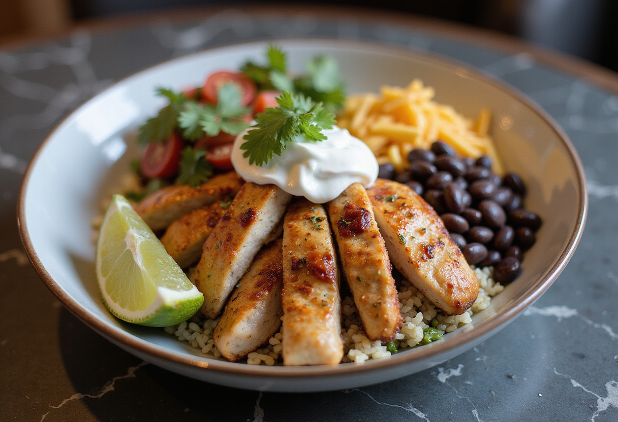 Delicious bol de burrito au poulet grillé avec riz et haricots, garnished for an appetizing meal.