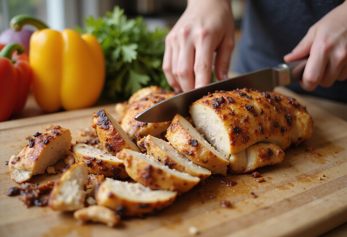 Sliced grilled chicken for recette de bol de burrito, showcasing fresh ingredients.