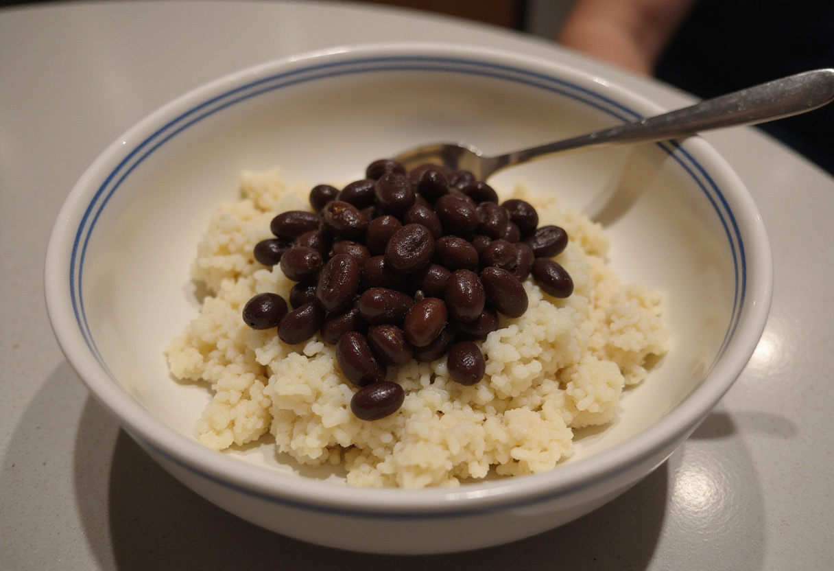 Rice and beans prepared for burrito au poulet in a colorful bowl, ready for assembly.