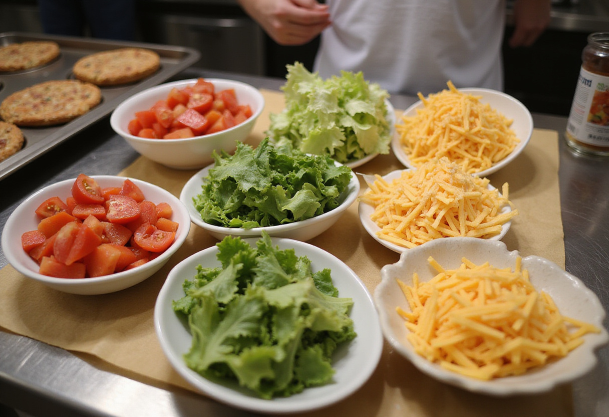 Fresh toppings prepared for recette burrito, including tomatoes, lettuce, and cheese.