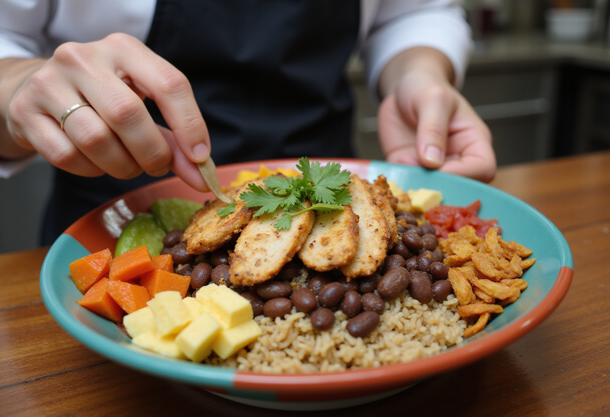 Assembled components of bol de burrito au poulet, combining all ingredients for a delicious serving.