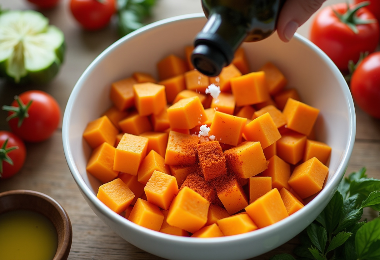 Diced sweet potatoes being seasoned for Bols de patates douces Sloppy Joe.