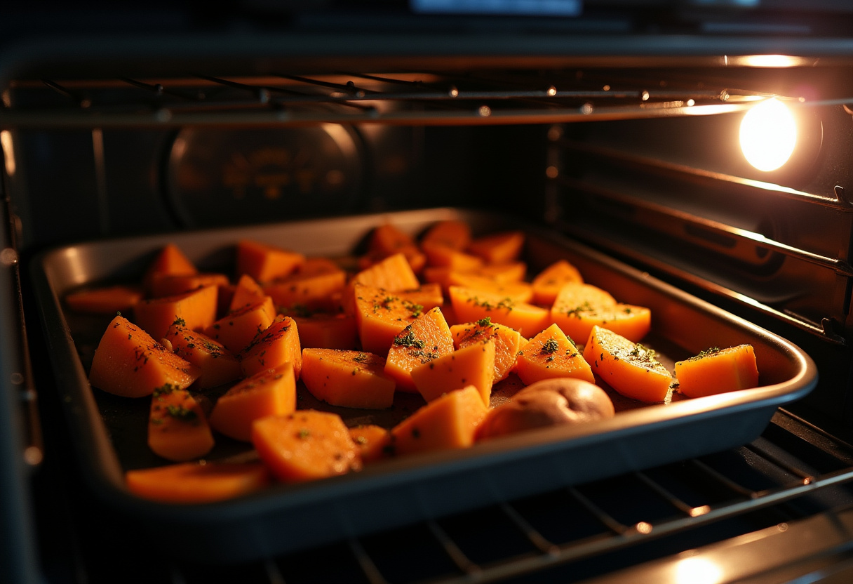 Seasoned sweet potatoes roasting in the oven for Bols de patates douces Sloppy Joe.