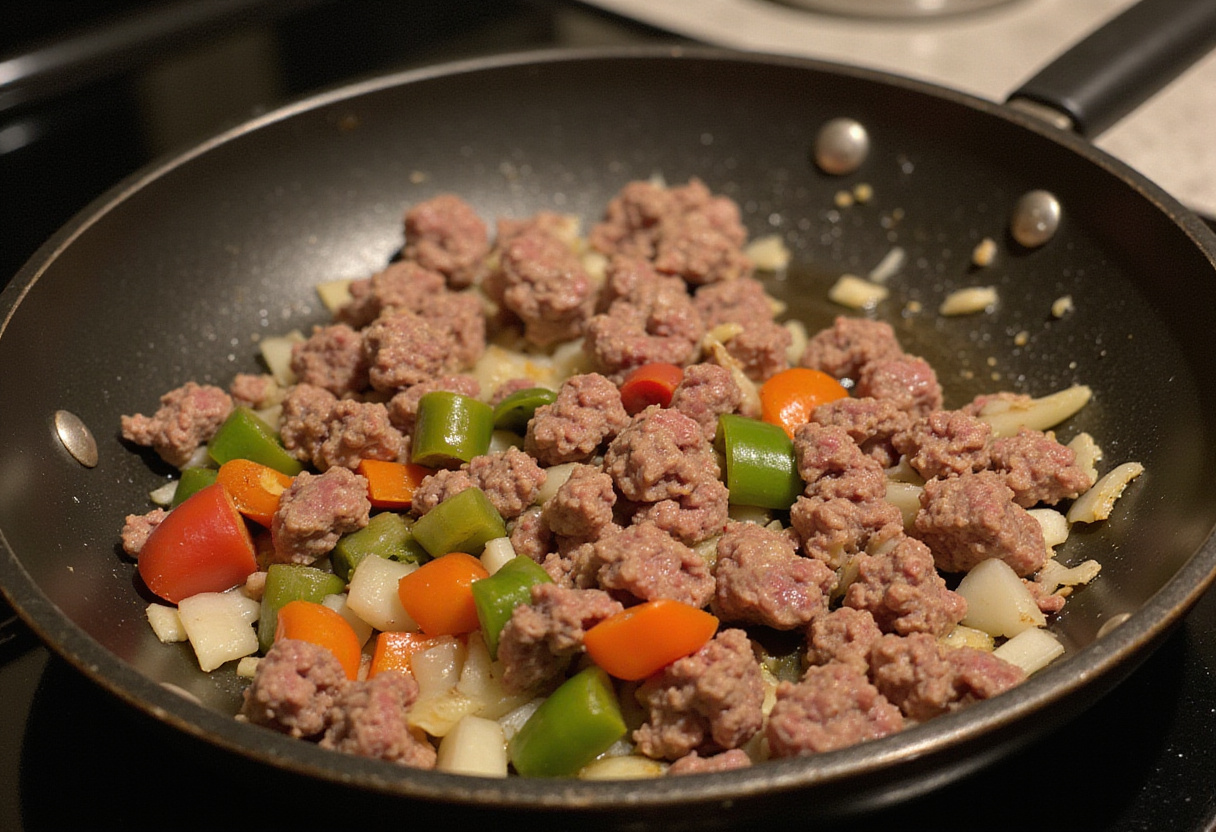 Ground beef and vegetables cooking together for Bols de patates douces Sloppy Joe filling.