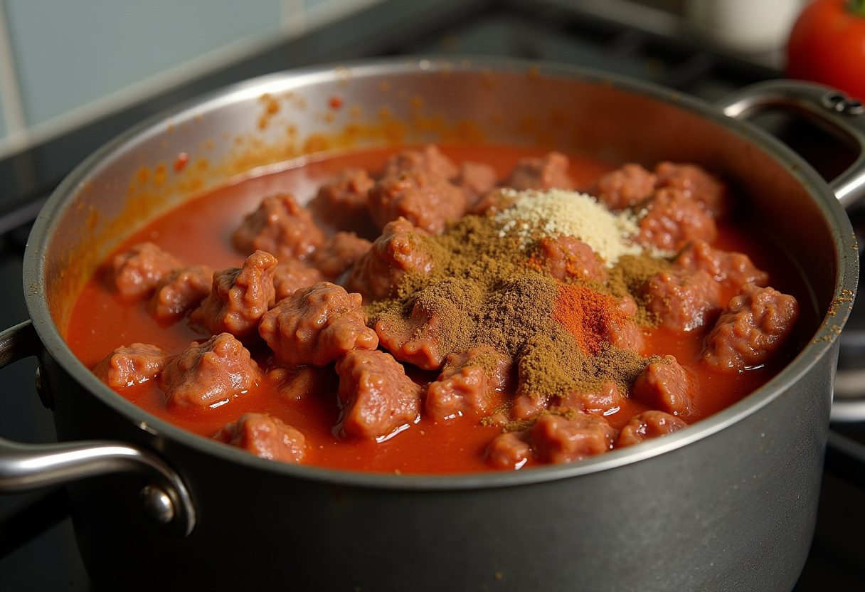 Beef mixture simmering with sauce for Bols de patates douces Sloppy Joe.