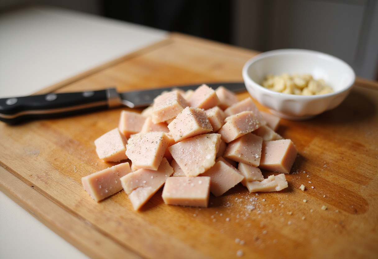 Poitrine de poulet coupée en dés, préparée pour les bols de poulet au miel avec du gingembre et de l'ail.